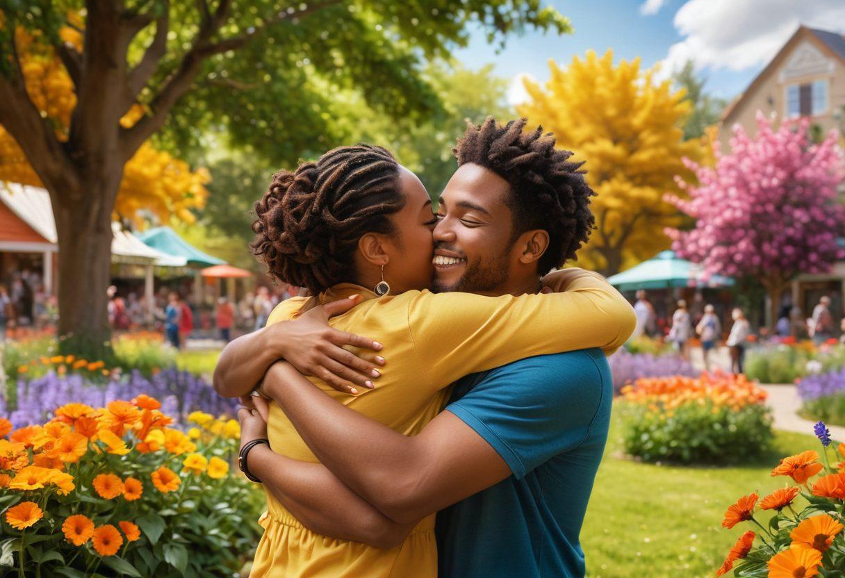 A heartwarming scene depicting diverse individuals within the Myncl community sharing affectionate moments, such as a warm hug, laughter, and friendly conversations in a vibrant park setting. Incorporate elements of nature like blooming flowers and butterflies to symbolize growth in relationships. The background should include colorful community buildings that radiate positivity and inclusiveness. bright colors. super-realistic.