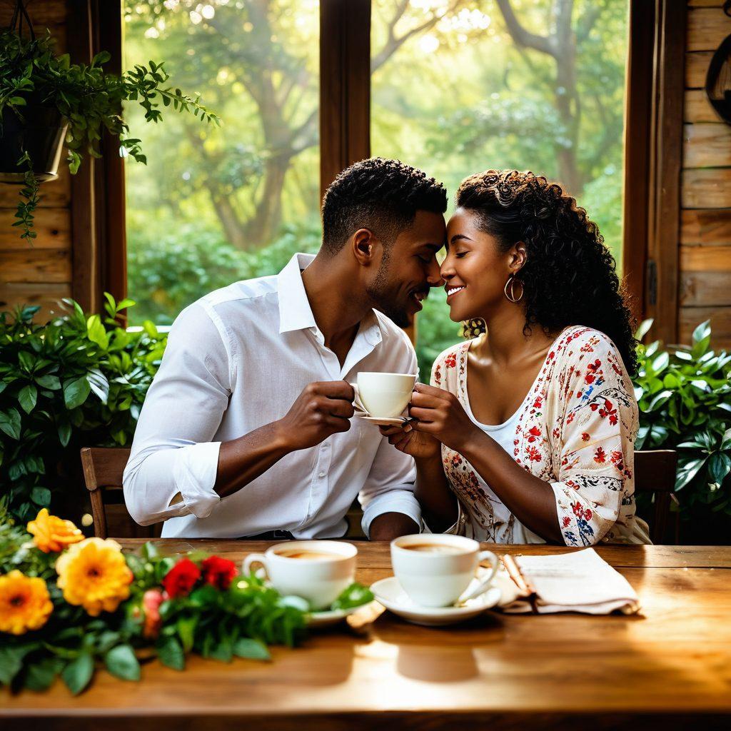 A warm, cozy scene depicting two diverse individuals sharing a heartfelt moment over coffee, surrounded by lush greenery symbolizing growth and connection. Soft lighting enhances the emotion, with small heart symbols subtly integrated into the background, representing love. Incorporate elements of nature like leaves and flowers, emphasizing togetherness. soft focus. vibrant colors. super-realistic.